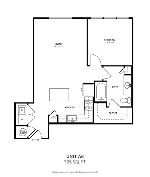 Floor plan for 1 bed, 1 bath, 785 sqft